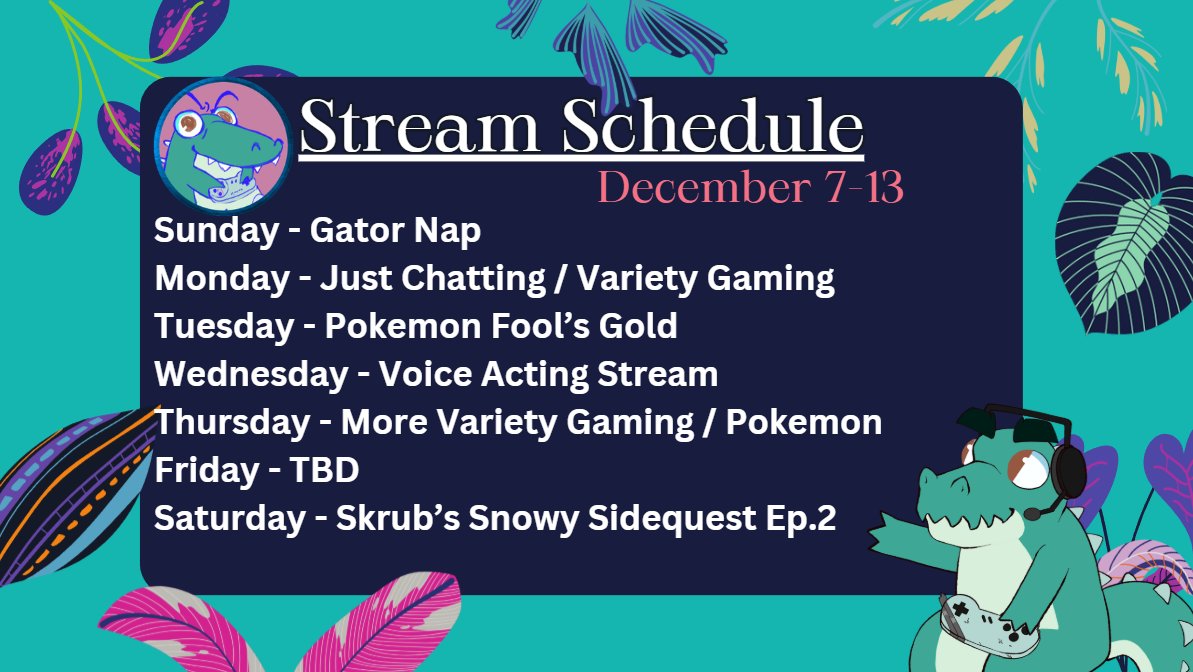 Lots of gaming happening this week. Going back to some variety gaming and Pokemon Fool's Gold. Also there will be a voice acting stream somewhere in the middle