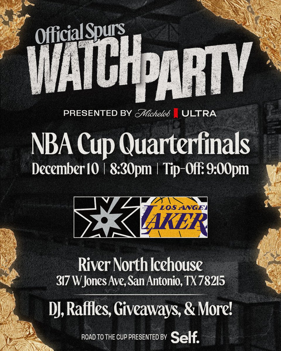 Quarterfinals here we come 🤩  Join us for the Official Spurs Watch Party when we take on the Lakers Wednesday night! 

🗓️ Wednesday Dec 10
⏰ 8:30pm CT
📍 River North Icehouse 
🎉 DJ, raffles, giveaways, and more!

@MichelobULTRA | #ad 