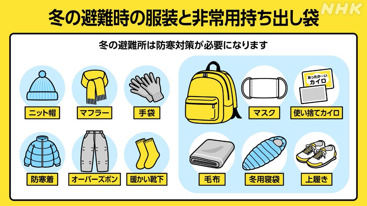 【北海道・三陸沖後発地震注意情報】
避難場所の確認、非常用持ち出し袋の準備・備えをしておいてください

冬の時期は防寒対策が必須です
👇持ち物を詳しくnews.web.nhk/newsweb/na/nc-…