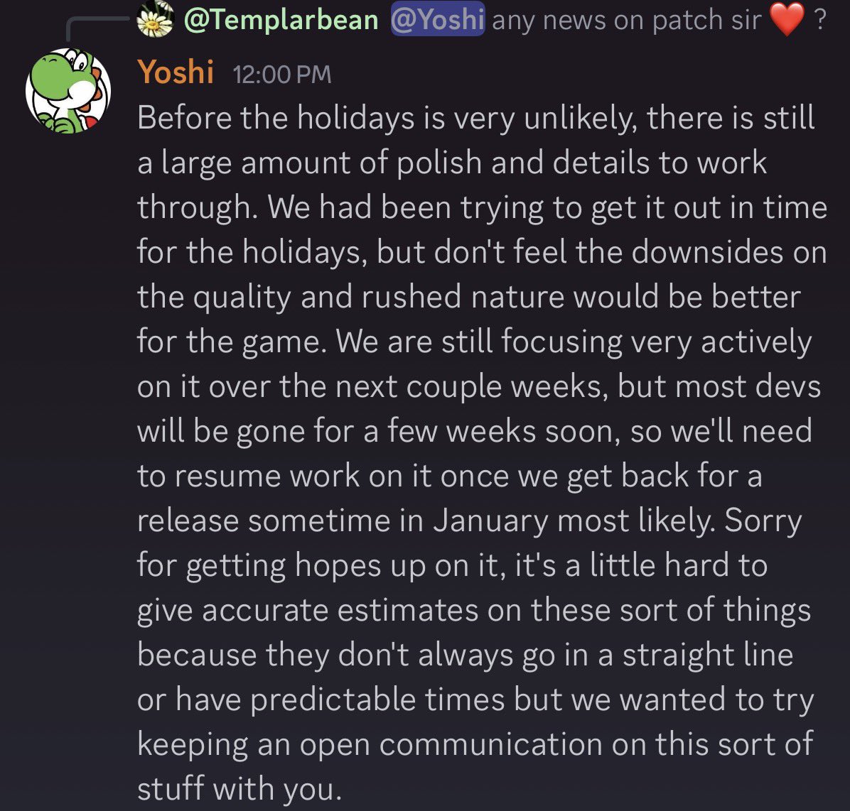 deadlock's tweet image. The next major content update for Deadlock is officially delayed until January. We may still get a minor patch with holliday decorations, skin quests, and jungle camps like last year.