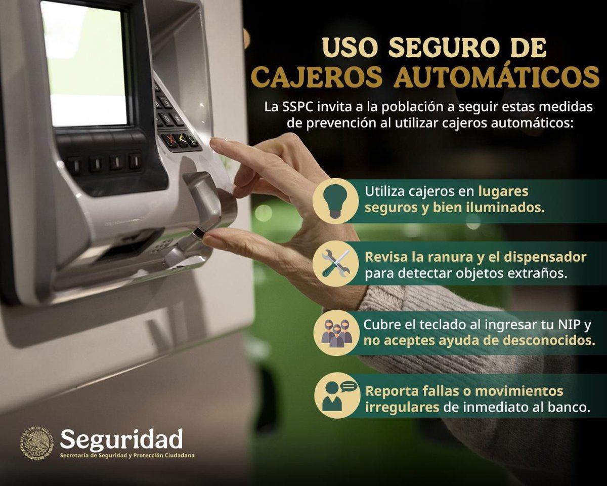 La #SSPC emite recomendaciones preventivas para evitar fraudes en cajeros automáticos. goo.su/bUfdFLs
