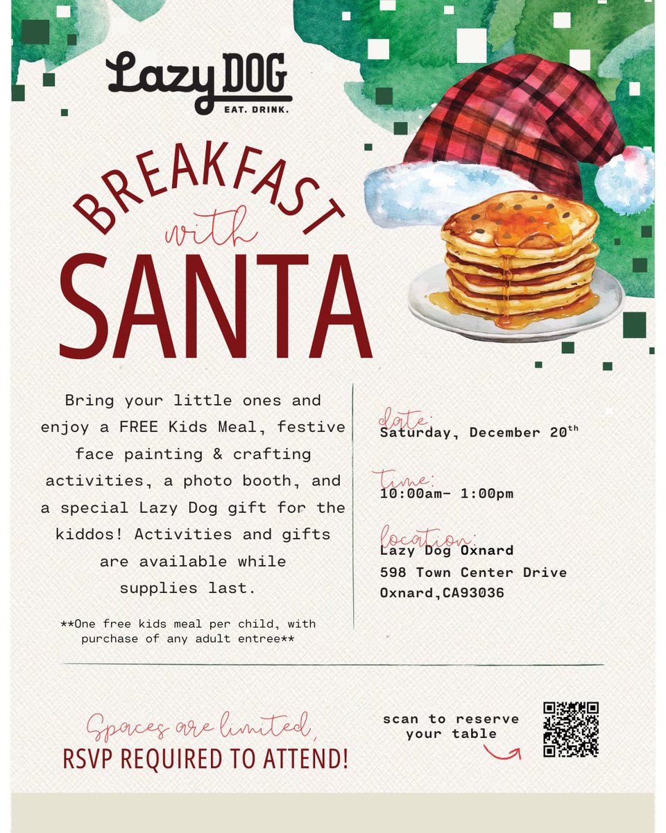 Breakfast with Santa at Lazy Dog! 🎅✨ 

Join us Saturday, December 20th, for a magical morning with Santa himself and a delicious breakfast from 10 AM to 1 PM. Hurry—spots are limited, so reserve your table today! 🎁 
bit.ly/4oBX6ja