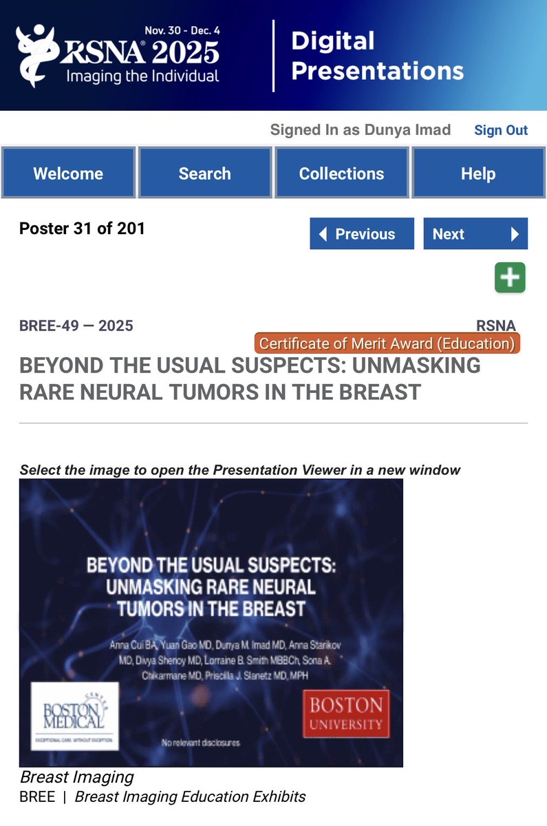 DraDunya's tweet photo. So proud of my medical student, Anna Cui—future radiology resident—whose RSNA 2025 abstract was recognized with a Certificate of Merit. Her hard work and dedication truly shine #rsna2025 @BU_Tweets @BURadiology @pslanetz https://t.co/HRa5Ibb8F5