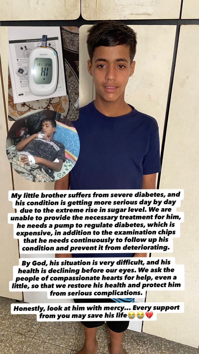 manoosha_s's tweet photo. My brother is very sick and suffers from serious rises in diabetes, and his condition is getting worse day by day. It has become necessary to need a sugar regulating device called the “diabetic pump”, in addition to daily examination chips that help him
https://t.co/2YAVdA1l3q https://t.co/KNEWdUv3Ra