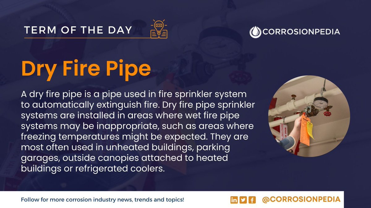 corrosionpedia's tweet image. A dry fire pipe sprinkler system has pressurized air or nitrogen inside the piping. This keeps a dry valve closed, and water out of the system. 
Learn more: corrosionpedia.com/definition/156… 

#DryFirePipe #FireProtectionSystems #BuildingSafety #SprinklerSystems #CorrosionRisk