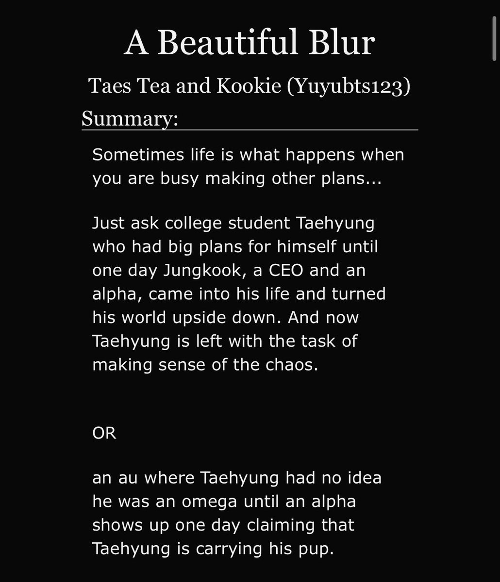 YuyuBTS123's tweet photo. 🐾 || A Beautiful Blur || 🐾

🌫️ Alpha JK /human(?) TH
🌫️ modern &amp; traditional a/b/o
🌫️ strangers to friends to lovers
🌫️ parents TK
🌫️ hurt/comfort and fluff
🌫️ written for @babyfevertkfest 

#taekookau

🔗: https://t.co/82CvkHOvJC https://t.co/x9kWC5SKhv