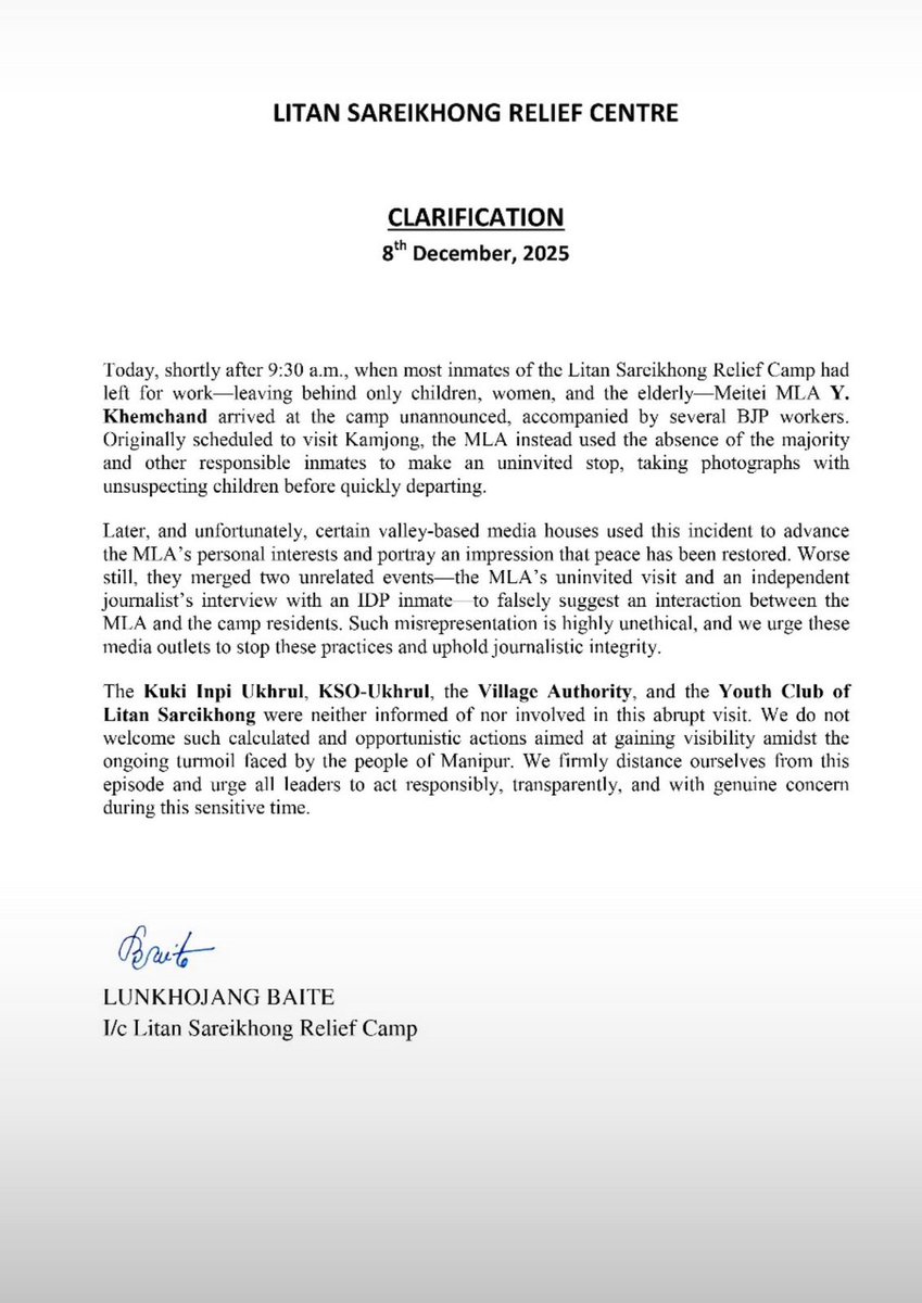 Meitei MLA Yumnam Khemchand sneakily visited a Kuki IDP Camp in Litan Sareikhong so as to proclaim that he now has the opportunity to travel and stupidly claimed that peace has been restored. 
The Kuki Community strongly condemned his uninvited and unauthorised visit. 
#politics