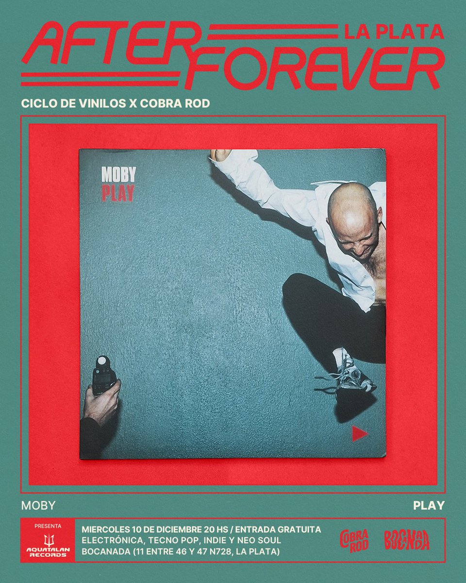 ▶️ AFTER FOREVER LA PLATA ▶️
Miércoles 10/12 en Bocanada gira completo "Play", el disco de Moby que catapultó a la música electrónica a otro nivel, además set 100% vinilos de techno, pop, indie y neo soul, gratis 🤖