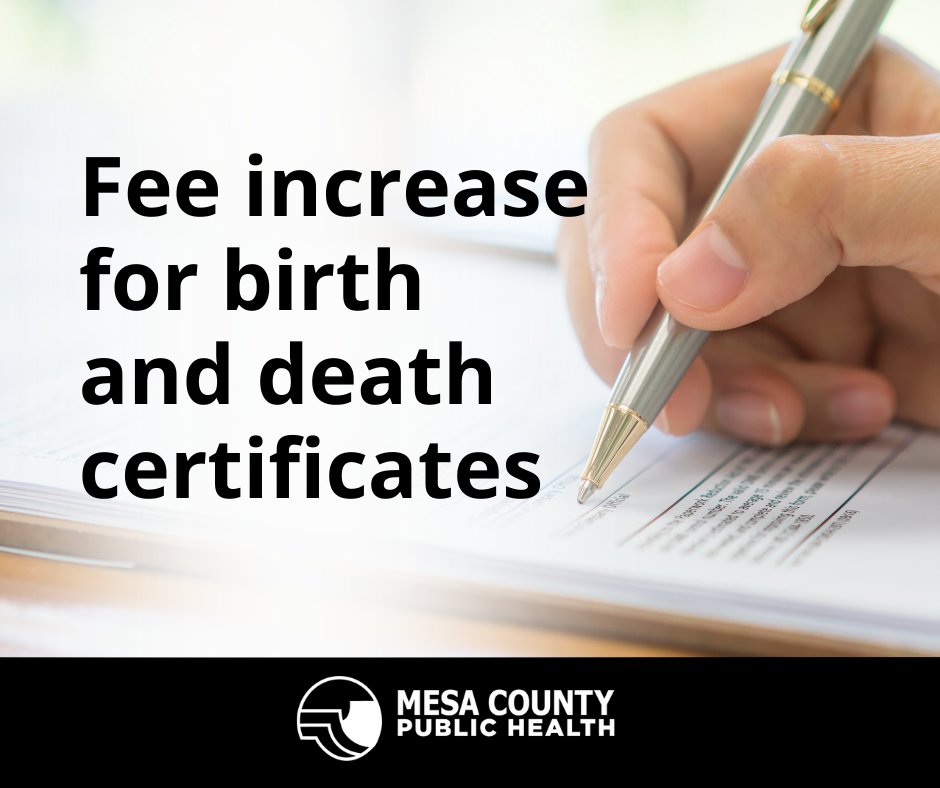 Starting January 1, 2026, fees for birth and death certificates in Mesa County will increase.

➡️First copy: $25 
➡️Additional copies: $20 each

The Colorado Office of the State Registrar of Vital Statistics sets these fees statewide.

🔎Learn more: bit.ly/48Yvyjp