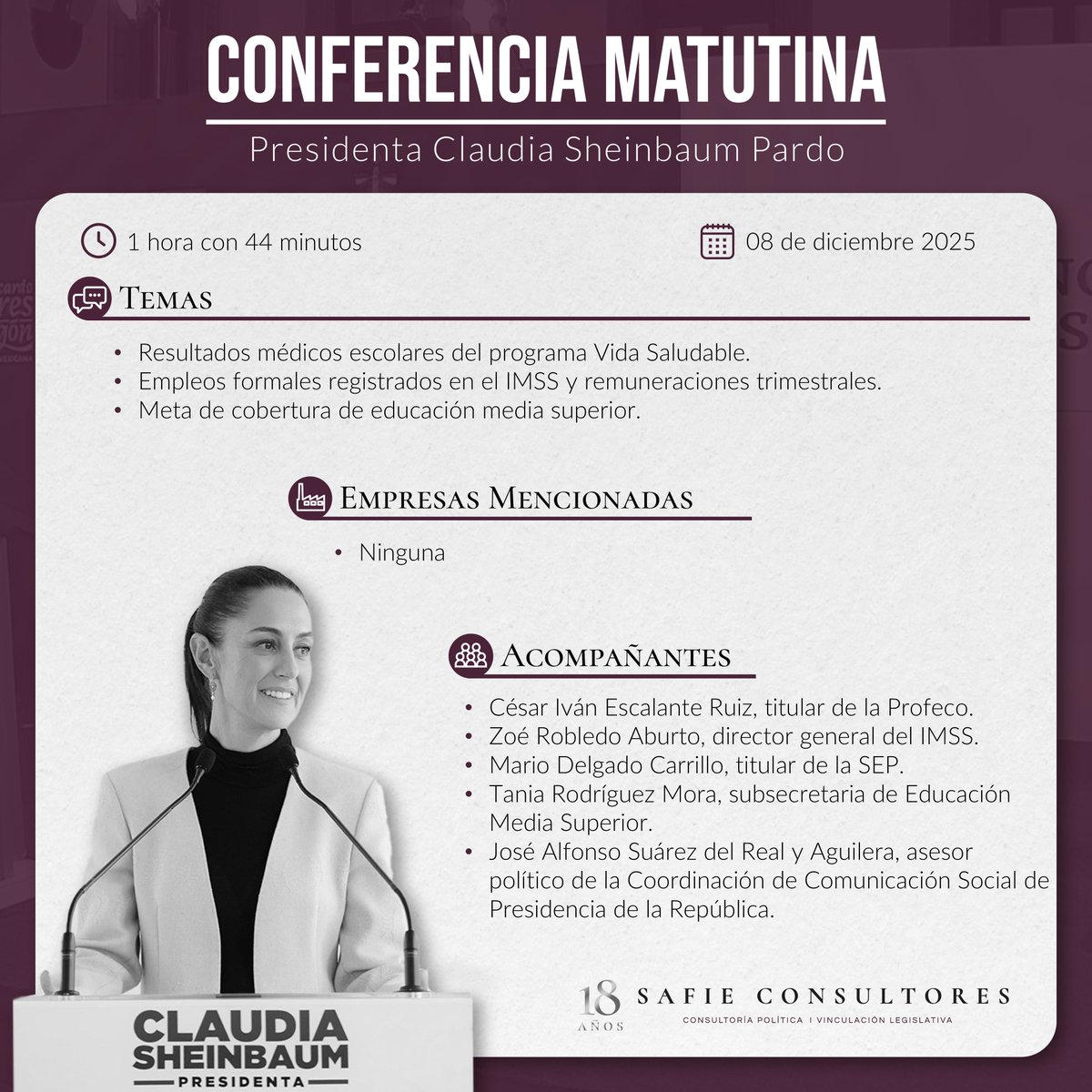 📰 #SafieConsultores te presenta los #highlights de la conferencia matutina de hoy. Conoce las empresas mencionadas y los funcionarios que acompañaron a la presidenta. #ConferenciaPresidenta #GobiernodeMexico