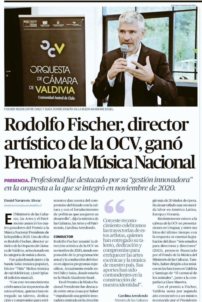 (UACh en prensa)

Compartimos publicación en Diario Austral Región  de Los Ríos que destaca al director artístico de la Orquesta de Cámara de Valdivia de la Universidad Austral de Chile (UACh), Rodolfo  Fischer, quien obtuvo el Premio a la Música Nacional Presidente de la