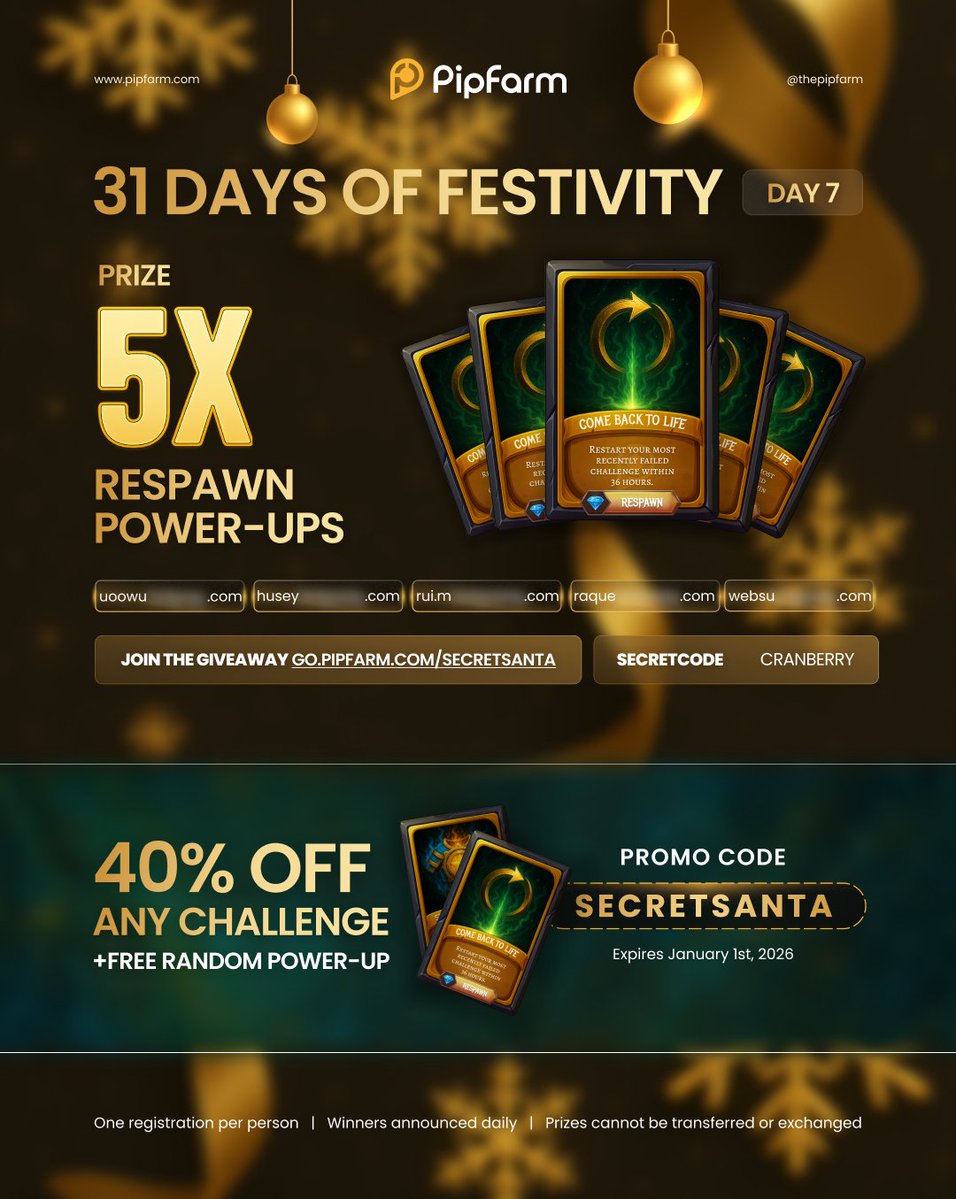 🎄 31 Days of Festivities — Day 7 Winners!

Today’s prize: 5 × Respawn Power-Ups 🛸

This Power-Up gives you a free retry on your most recently breached challenge — the perfect second chance.

Today's winners include: <a href="/oxxxyfx/">MK</a> <a href="/huseyin_kardes/">hüseyin</a> <a href="/Mikhail_2021/">Mikhail</a> <a href="/rakbio/">Raquel Camara</a> 

You will