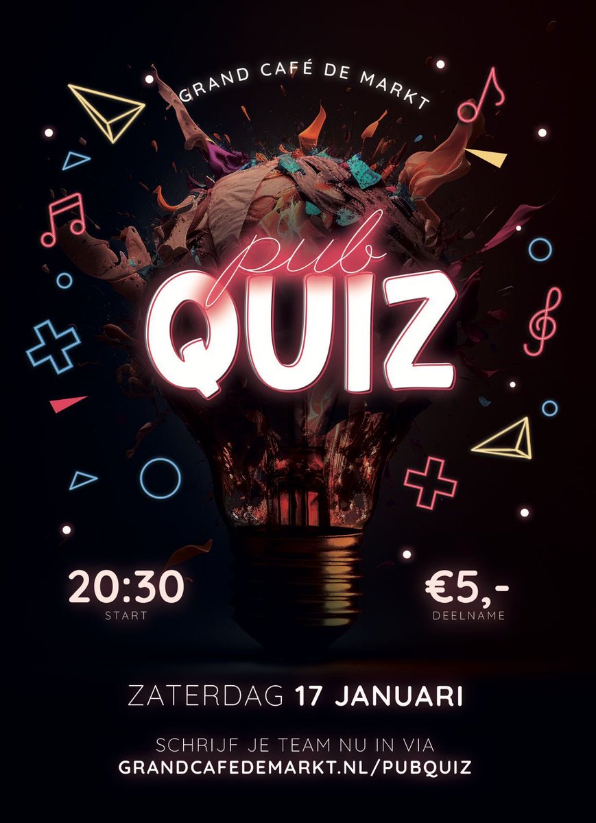 zaterdag 17 januari is er weer een pubquiz in de Westminster Abbey! 

Meld je snel aan voor de leukste pubquiz in onze engelse pub. 🕺🏼💃

🕤 inloop: 19:30 uur - start: 20:30 uur
📍Inschrijven via: grandcafedemarkt.nl/pubquiz
Deelname = €5,- p.p.

🎁 maak kans op mooie prijzen