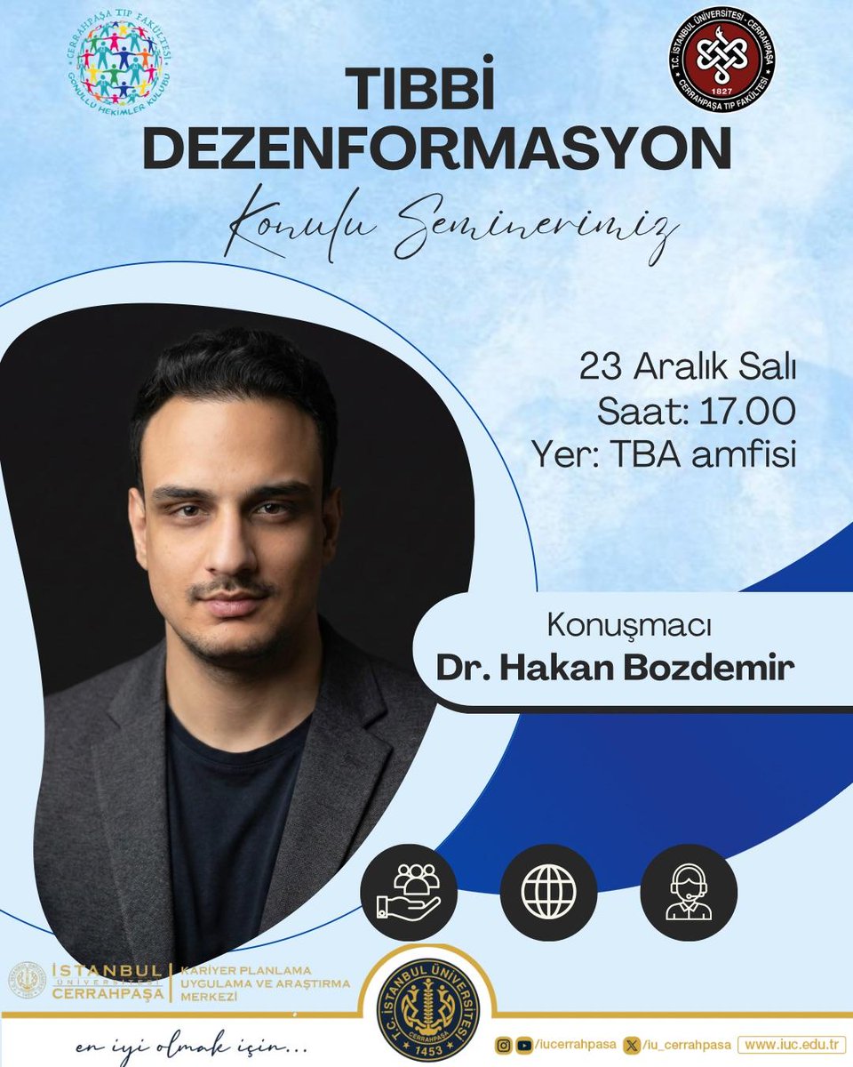 Bilgi, virüsten daha hızlı yayılıyor; ne yazık ki yanlış bilgi de öyle.

​Tıbbi dezenformasyonun mekanizmalarını ve buna karşı geliştirebileceğimiz savunma stratejilerini konuşmak üzere 23 Aralık Salı günü Cerrahpaşa Tıp Fakültesi'nde olacağım.

​Bu keyifli organizasyon için