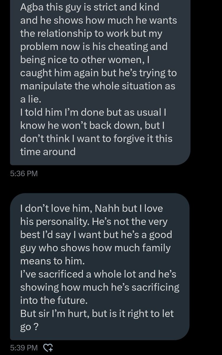 jon_d_doe's tweet photo. You should not leave a man because he's cheating on you.

Especially if it's random.

You're the one who went searching for evidences.

If cheating is a deal breaker for you, please leave.

And if you don't want to leave, please know that he may still cheat in marriage.

End. https://t.co/GRPPrUei0I