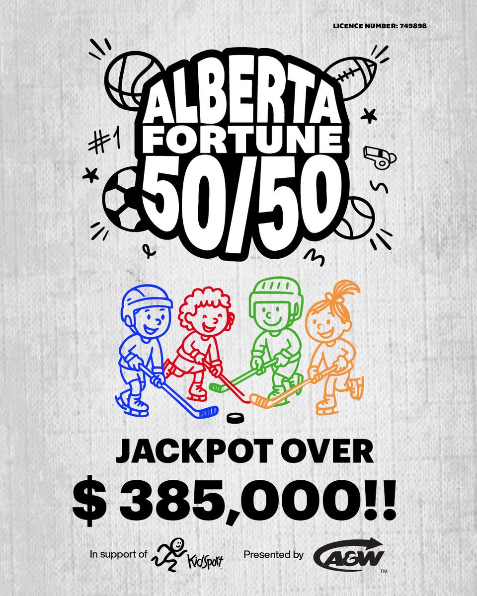 THIS FRIDAY, you could WIN over $190,000 with the Alberta Fortune 50/50!! 💰 

The grand prize draw is Dec 12th @ 8:30am! 

Get your tickets at fortune5050.com 🤑 

The Alberta Fortune 50/50 is presented by <a href="/AWCanada/">A&W Canada</a> for <a href="/KidSportAlberta/">KidSport Alberta</a> 🍔🏒 

AGLC Raffle Licence #749898