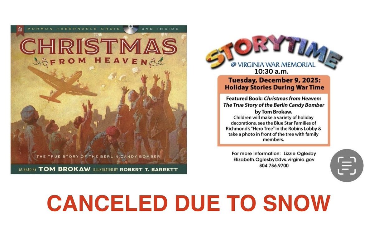 ❄️ Due to the inclement weather, Storytime at the Memorial is canceled for Tuesday, 12/9/25. ❄️