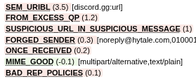 Moehritz's tweet photo. @devslashnulled this is a default rspamd filtering your verification mails, so if you have a lot of people complaining about spam you might want to check that:

sadly discord is on a spam lists so having socials in there is actually bad for rep. the others might be difficult to fix with aws ses https://t.co/F43rmSx02D