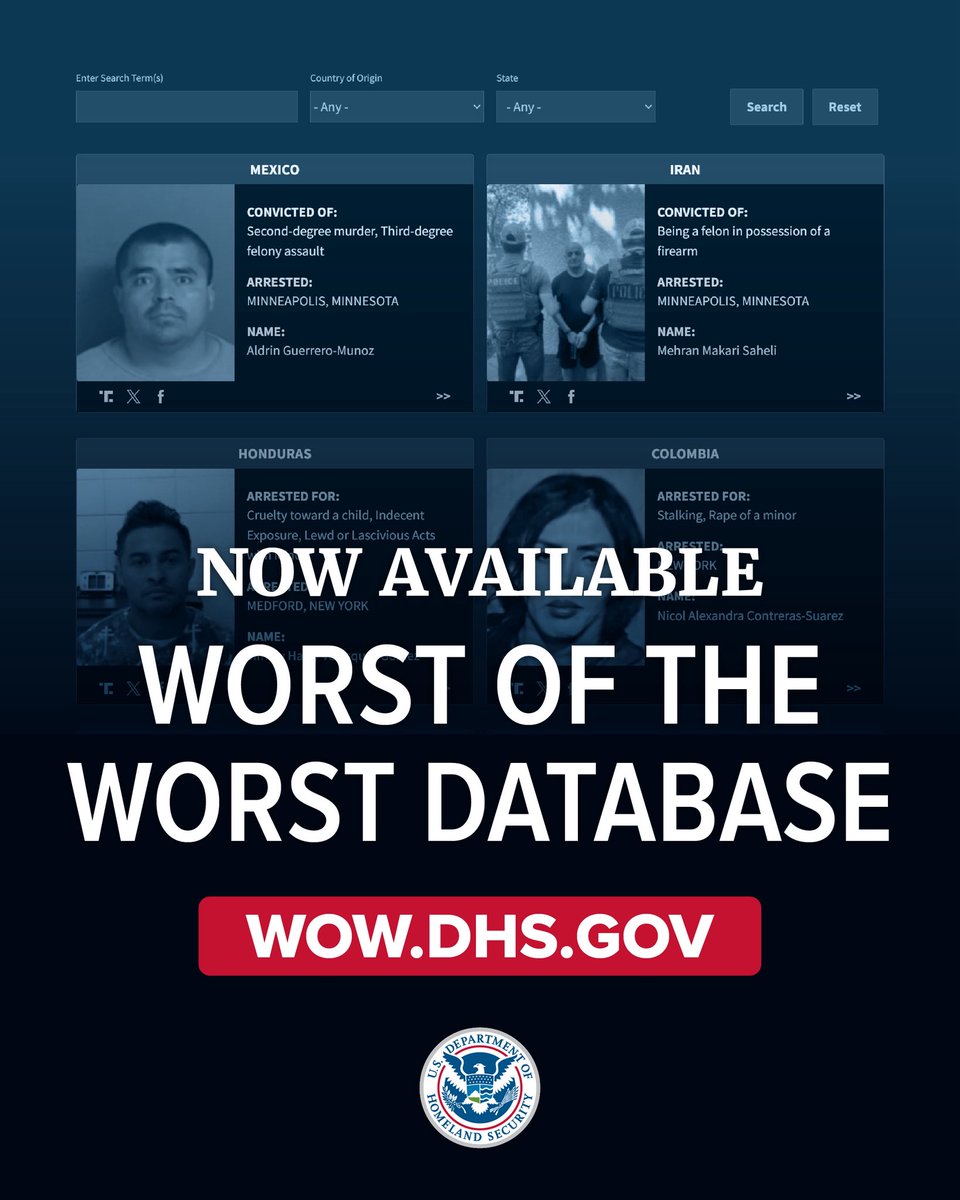 Find the WORST OF THE WORST removed from your community.

With this transparent tool, Americans can see for themselves what public safety threats were lurking in their neighborhoods and communities.

WOW.DHS.GOV