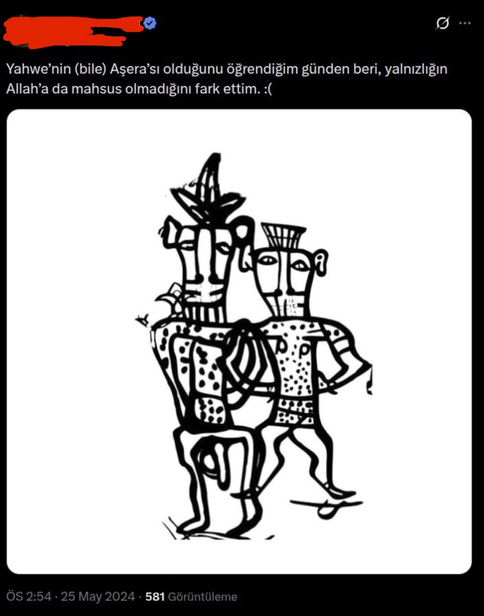 Kendilerine barışçılar klübü diyen cahiller arasındaki zibidilerden birinin 
kaç gündür “allaha penis çizdiler hakaret ettiler” diye paylaştıkları görsel budur.

Tevrat okuması zaten ya hiç yapmamışlar 
ya da erken Yahudilik dönemi hakkında hiçbir şey bilmiyorlar.
Fakat