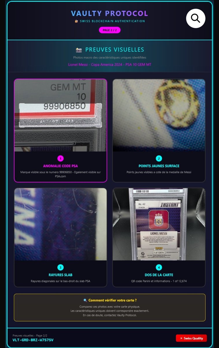 vaulty_protocol's tweet photo. Chaque carte a des défauts UNIQUES :

📐 Centrage exact (44/56 gauche-droite)
🔴 Points de surface spécifiques
💎 Rayures sur le slab
⚖️ Poids au centième (43.30g)

Ces caractéristiques sont IMPOSSIBLES à reproduire.

= Impossible à falsifier ✅

@PSAcard #CardAuthentication #GradedCards #Collectibles