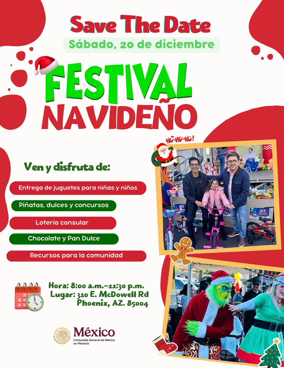 ConsulMexPho's tweet image. 🎄✨¡Aparta la fecha! Este sábado 20 de diciembre, únete al Festival Navideño 2025 del Consulado de México en Phoenix: juguetes, piñatas, concursos, chocolate, recursos para la comunidad y más. 🇲🇽🎁 

#ConsulmexPhoenix #Comunidades #IMME