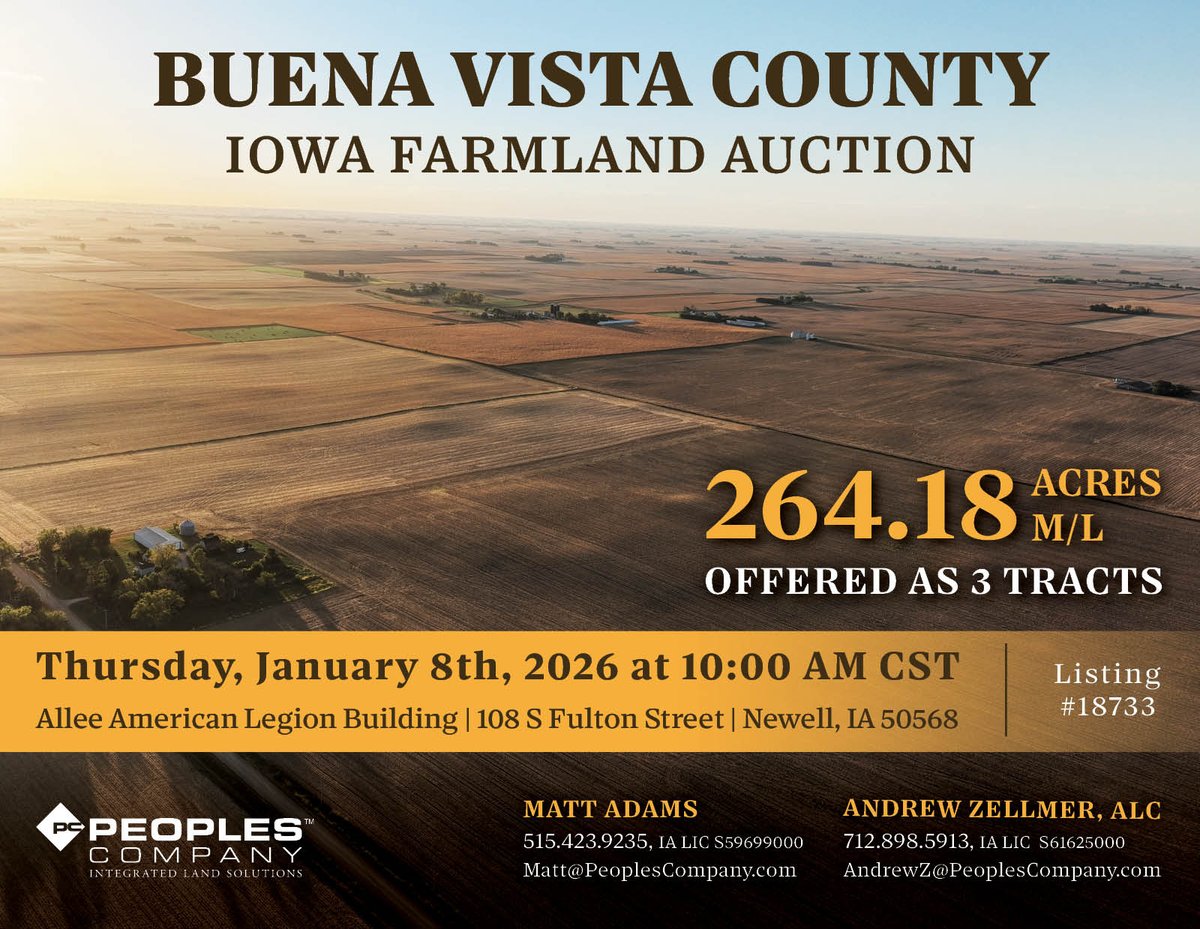 UPCOMING FARMLAND AUCTION!

264.18 Acres M/L in Buena Vista County, Iowa

Peoples Company is pleased to be representing the Merlyn Bonde Family in the sale of their Buena Vista County, Iowa farmland portfolio consisting of 264.18 acres m/l offered as three tracts through the