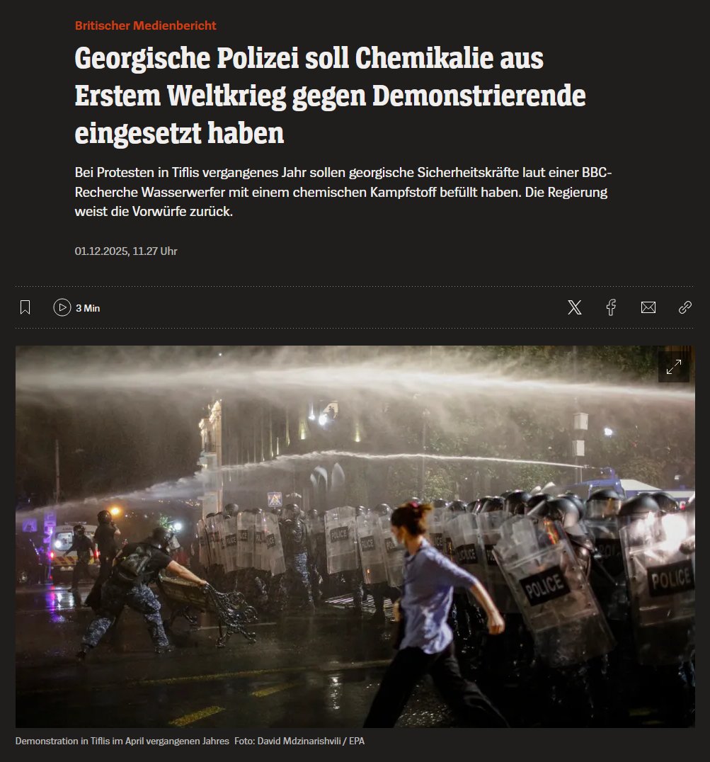 Georgian police allegedly used World War I chemical against demonstrators
According to a BBC investigation, Georgian security forces filled water cannons with a chemical warfare agent during protests in Tbilisi last year. The government denies the allegations.
December 1, 2025, 11:27 a.m.
