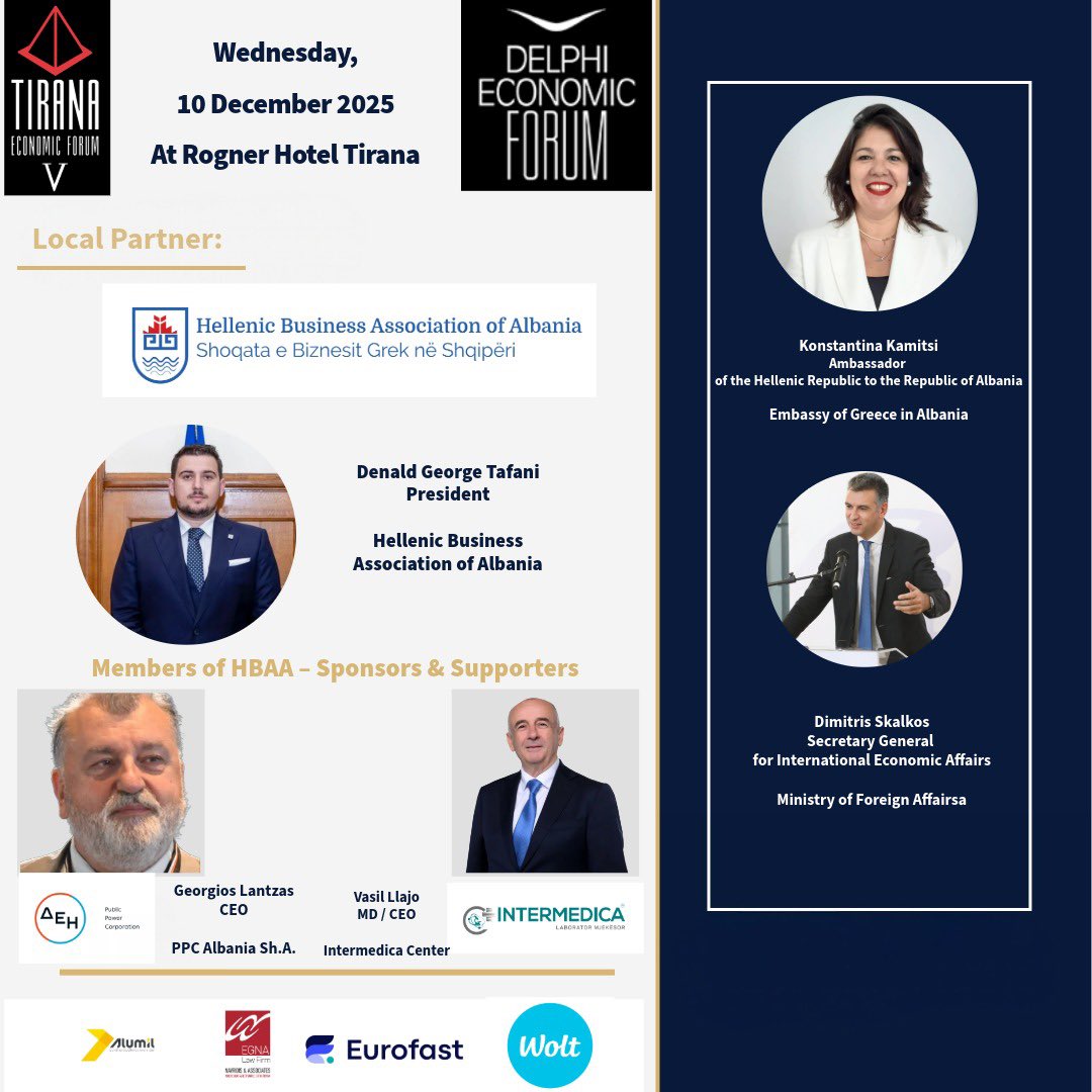 Μπαίνουμε στην τελική ευθεία: σε μόλις 3 ημέρες ξεκινά το 𝗧𝗶𝗿𝗮𝗻𝗮 𝗘𝗰𝗼𝗻𝗼𝗺𝗶𝗰 𝗙𝗼𝗿𝘂𝗺 𝗩 <a href="/DelphiEconForum/">DelphiEconomicForum</a> , όπου η Ένωση Ελληνικών Επιχειρήσεων Αλβανίας είναι ο 𝗟𝗼𝗰𝗮𝗹 𝗣𝗮𝗿𝘁𝗻𝗲𝗿.

Το Forum θα ανοίξει ο Πρωθυπουργός της Αλβανίας, κ. Edi Rama. 

Ο Πρόεδρος της