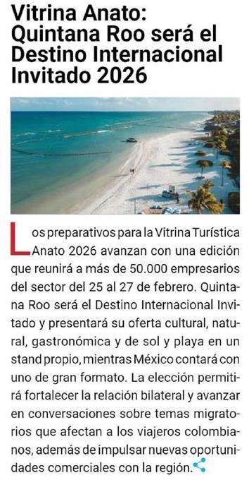 📰 #NoticiadeTurismo Los preparativos para la #VitrinaANATO2026 avanzan con una edición que reunirá a más de 50.000 empresarios del sector del 25 al 27 de febrero.
Vía: <a href="/Ladevi_Colombia/">Ladevi Colombia</a> 
<a href="/PaulaCortesC/">Paula Cortés Calle</a>