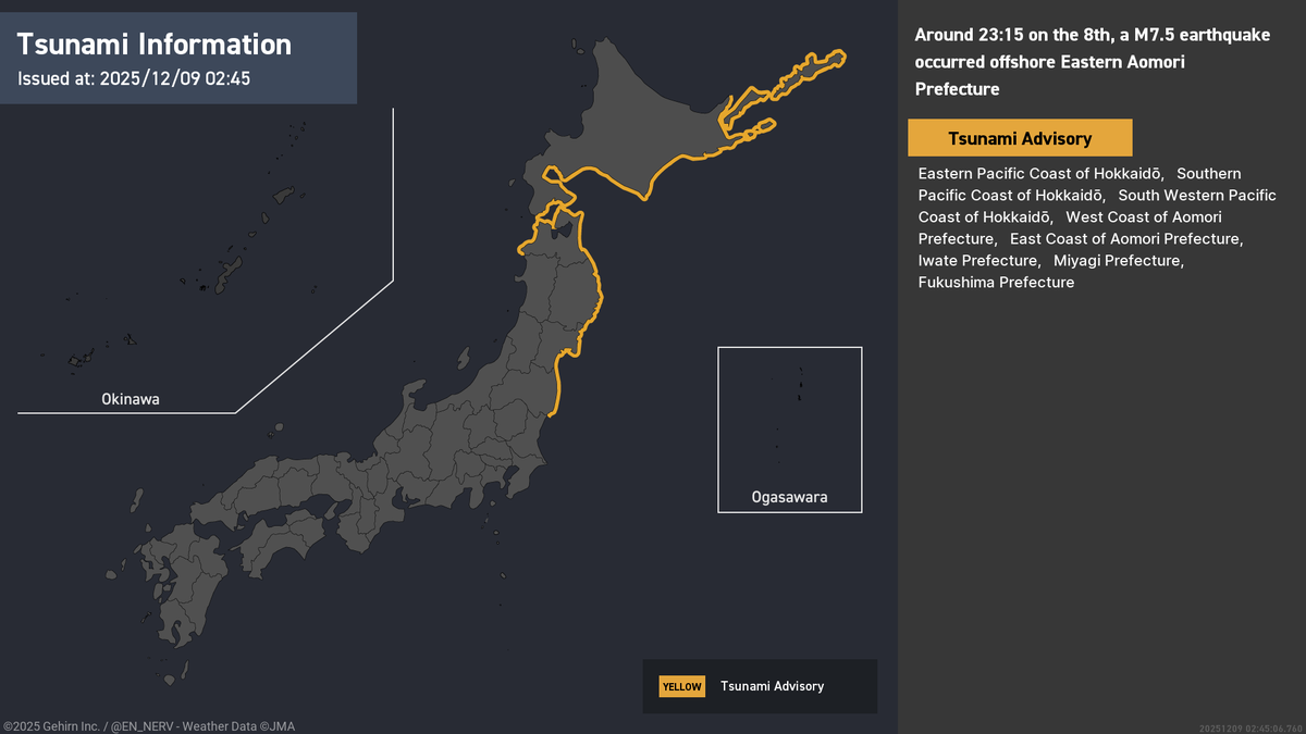 Tsunami Advisory – 12/9, 2:45am
The Tsunami Warning has been downgraded to a Tsunami Advisory. Waves of up to 1m are expected. Those near coastal areas, rivers, or lakes should evacuate to higher ground immediately. #tsunami