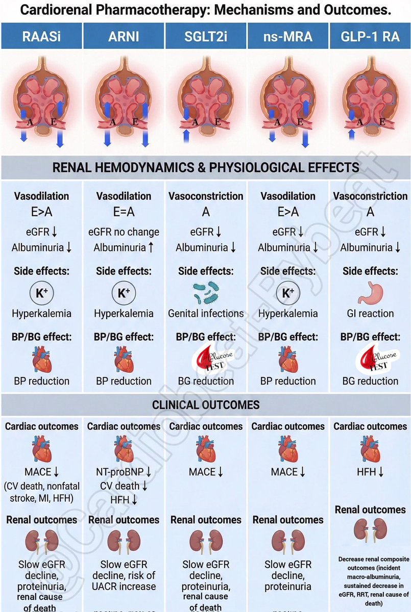 Cardio-Renal outcomes.
Overall, RAASi, ARNI, ns-MRA, and GLP-1 RA mainly cause afferent or efferent arteriolar vasodilation, whereas SGLT2 inhibitors induce afferent vasoconstriction, leading to an initial decline in eGFR but long-term renal protection.