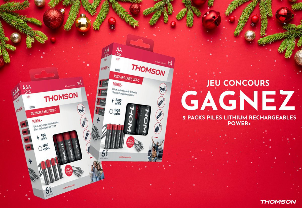 #ThomsHotteDeNoel 🎅 
A Noël, on manque toujours de piles pour alimenter tous les nouveaux cadeaux ! Faites des économies grâce aux piles rechargeables Power+ USB-C de Thomson. Avec leur facilité de recharge et leur compatibilité universelle, alimentez de manière économique et