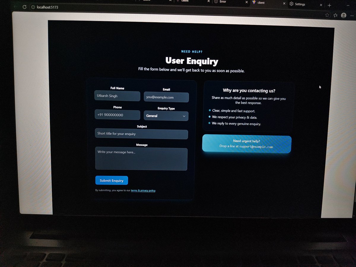 utkarszz's tweet image. Day 86 of #100DaysOfCode
Built a User Enquiry Project using React + Node.js today!
Full-stack development finally coming together 🔥

#MERN #ReactJS #NodeJS #WebDevelopment #100DaysOfCode