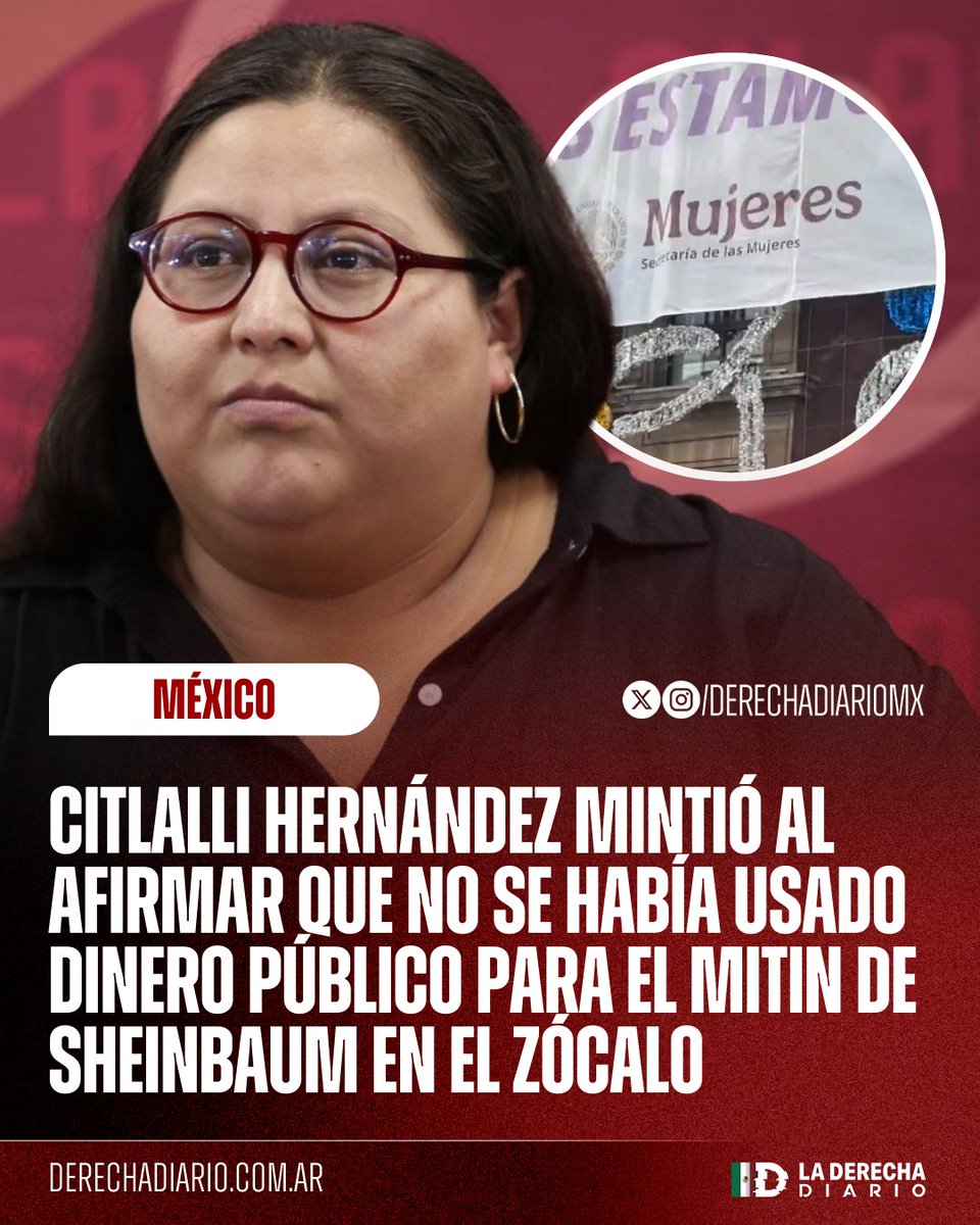 🇲🇽 | MENTIROSOTA: La Cenadora Citlalli Hernández mintió al decir que no se había utilizado dinero público para el narcomitin de Sheinbaun en el Zócalo pues hay colocada una manta gigante con el logo de la Secretaría de las Mujeres colocada a la vista de la explanada.