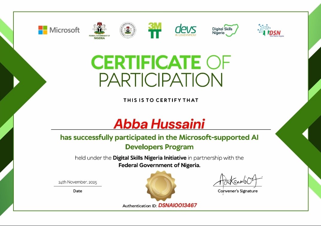 FineUstaz's tweet image. Alhamdulillah ❤️ the long expected journey now it has end 🙌 ✨️ I&apos;m excited 😊 to announce that I&apos;ve got two of my beautiful 😍 certificate in @3MTTNigeria and other one at @dsn_ai_network this is an incredible journey. Thanks #3mtt #dsn @Microsoft @NITDANigeria