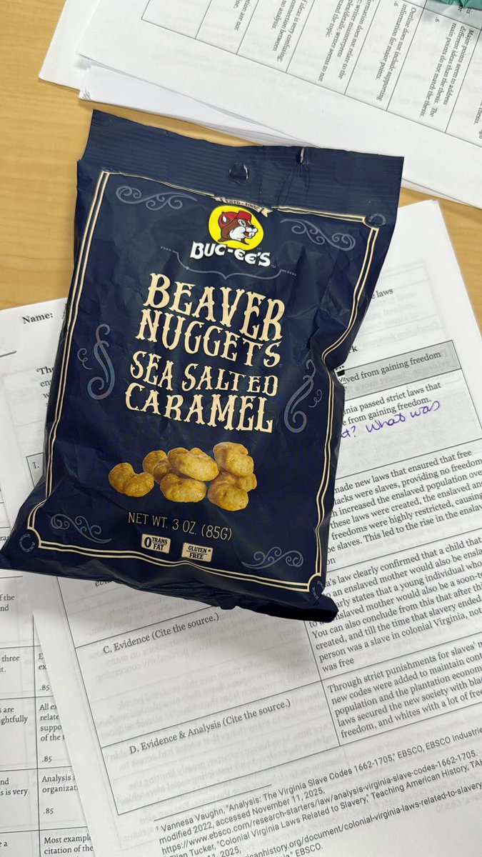 historyherway's tweet photo. Staying nourished while grading with some @bucees Beaver Nuggets from @socialstudiestx . As I read the ingredients, I deduced that no actual beavers were harmed in making this product. 🦫 https://t.co/ng2CbySNEa