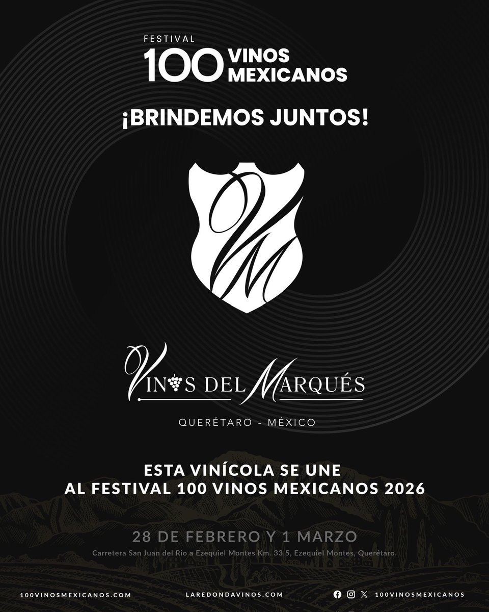 🍇 Nos emociona anunciar que <a href="/vinosdelmarques/">VINOS DEL MARQUES</a> se une al Festival 100 Vinos Mexicanos 2026, la celebración más grande del vino nacional.
Una cita para brindar por el sabor, la tradición y el orgullo del vino hecho en México. 🇲🇽
Adquiere tus boletos en: bit.ly/100VMX2026