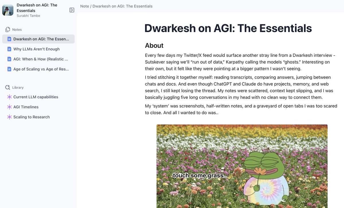 thinkwithalma's tweet photo. We’ve been building Almanac - a unified knowledge workspace where humans and agents collaborate to read, organise, and create knowledge inside a single, continuous flow. 📝

Knowledge Work deserves better tools. But it is scattered across tabs and tools. Almanac keeps the context together.

To illustrate this, we used Almanac to map the key ideas running through @dwarkesh_sp's latest podcasts featuring some of the sharpest thinkers that outline a coherent picture:
> scaling is peaking, 
> AGI is not imminent, and 
> LLMs alone won’t get us there

Consider this as the first look of the product. Would love to hear your thoughts!

Link of the project below!