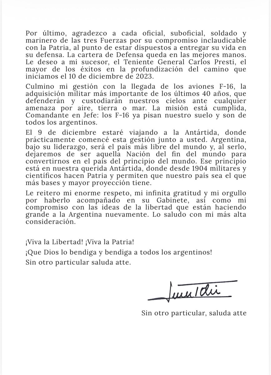 luispetri's tweet image. Al Presidente de la Nación Argentina @JMilei, de mi mayor consideración: