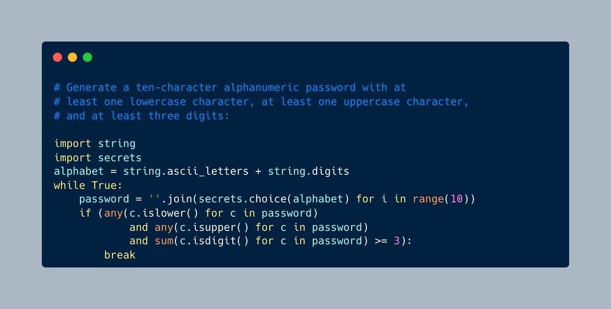 driscollis's tweet image. How to use #Python to generate a password using the secrets module 🐍🔥
