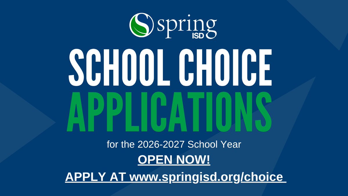 SpringISD's tweet image. 🎓 New week reminder: School Choice applications are OPEN!
Find the right program for your student’s goals for 2026–2027.
Apply ➡️ springisd.org/choice
Watch ➡️ youtube.com/watch?v=4o04k5…
@SISD_CoA
#SpringISD