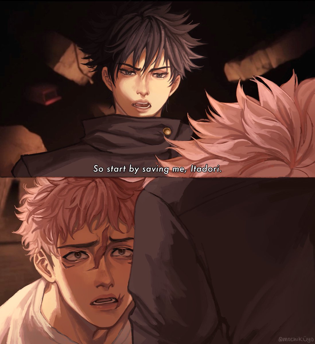 mochikuyo's tweet image. “So start by saving me, Itadori.”

 #itafushi #itadoriyuji #megumifushiguro #jjk #JujutsuKaisen