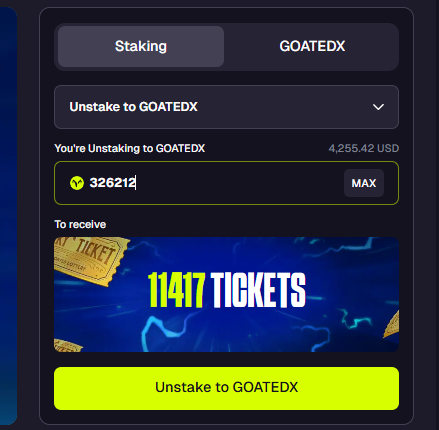 Unstaking directly for 8x lifetime tickets <a href="/goatedcom/">Goated</a>  I'm not here to play it safe 🔥.

Next draw in 3 days, 10% of the payout goes to one winner.
To enter:
♻️ RT this tweet
💬 Reply "I'm in" + username
✅ Code: Zen (optional)

Who’s riding the #Crypto pump with me? 🏎️💨