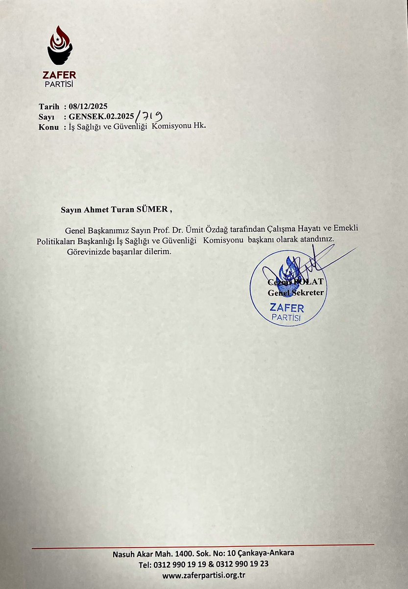 ATuranSumer's tweet photo. Çalışma Hayatı ve Emekliler Politikaları Başkanımız
Sn. Mehmet Akif Cenkci’nin yürüttüğü çalışmalar doğrultusunda;
Genel Başkanımız Prof. Dr. Ümit Özdağ’ın oluru ve Genel Sekreterimiz Sn. Cezmi Polat’ın tebliğiyle,

İş Sağlığı ve Güvenliği Komisyonu Başkanı olarak görevlendirilmiş bulunuyorum.

Bu görevi madenlerde, inşaatlarda, fabrikalarda ve tarlalarda hayatını kaybeden tüm emekçilerimizin acısını taşıyarak üstleniyorum.

Yangınlarda, göçüklerde, denetimsiz ortamlarda ölen işçiler,okulda olması gereken çocuk işçiler ve kötü çalışma şartları…

Bu tablo Türkiye’nin kaderi değildir!

Komisyonumuz bilimi ve liyakati esas alarak çalışma hayatındaki bu büyük sorunu değiştirmek için kararlılıkla çalışacak ve Türk işçisi için en gerçekçi politikaların mimarı olacaktır.
@zaferpartisi @umitozdag @cezmi_polat @ma_cenkci 
#ZaferPartisi #İşSağlığıveGüvenliği #İsgKomisyonu #İsg #İşcinayeti