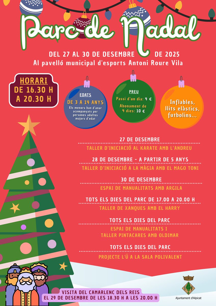 🎄 El Parc de Nadal d’Alpicat oferirà 4 dies de diversió 😃 amb inflables, elàstics, tallers, manualitats, futbolins, el Projecte L’Ü i la visita del Camarlenc 👑👑👑
🗓️ 27-30 desembre 
🕔 16.30-20.30 h
📍Pavelló Municipal Antoni Roure
ℹ️ alpicat.cat
🫵🏼 Us esperem ‼️