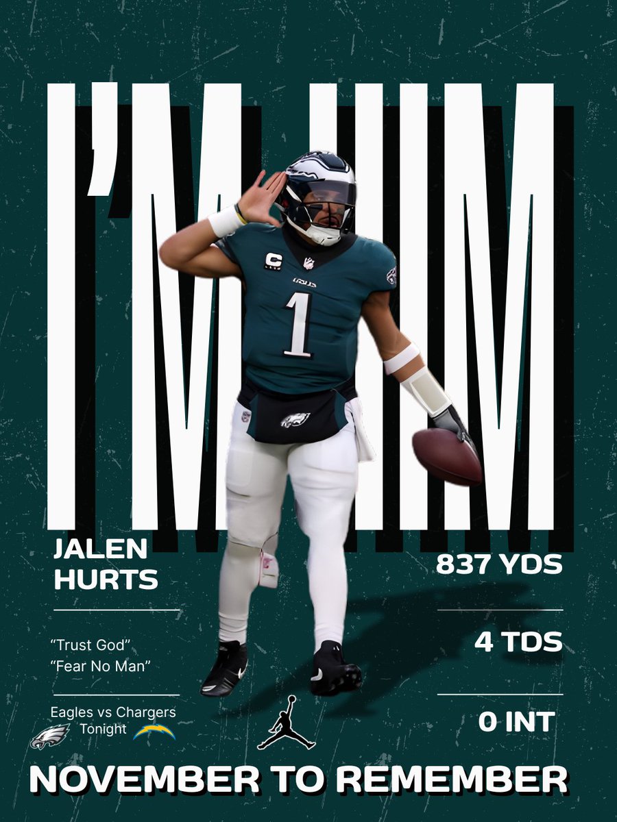 A MONSTER November for the leader in Philly!!!🦅 Catch The Birds take on The Chargers on Monday Night Football tonight only on ESPN  #FlyEaglesFly #JalenHurts #BirdGang #MondayNightFootball