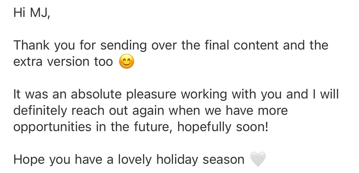 I smell another repeat client brewing🤭

This is what I did to have a greater chance of working together:
- provided them a script prior to filming
- submitted deliverables at a timely manner
- provided them a freebie that took me 30 min
- warm &amp; enthusiastic tone all throughout
