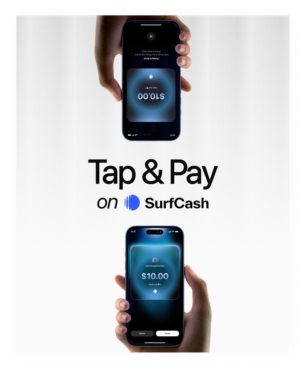 surfcashx's tweet image. Tap. Pay. Done.

Make real payments with your USDC, instantly, straight from your phone with SurfCash.
Because your money should move as fast as you do.