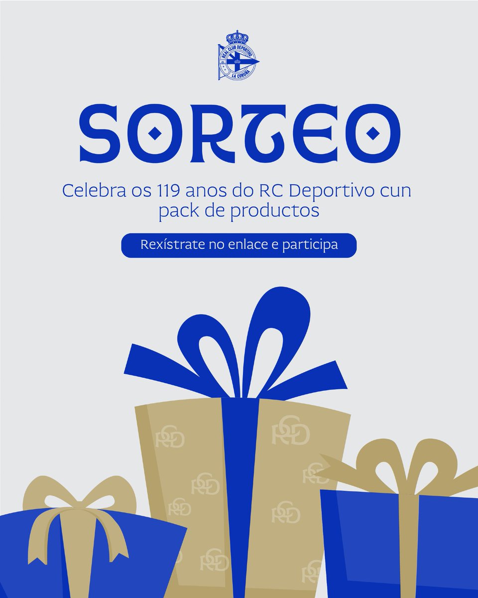 Temos 𝕊𝕆ℝ𝕋𝔼𝕆 🤩

🎁 Polo 119 aniversario, sorteamos un pack de productos do #Dépor valorado en máis de 300€ que pode ser teu‼️

Rexístrate na web e cubre o formulario para participar👇

🔗 rcdeportivo.es/sorteo-pack-pr…

#119aniversario